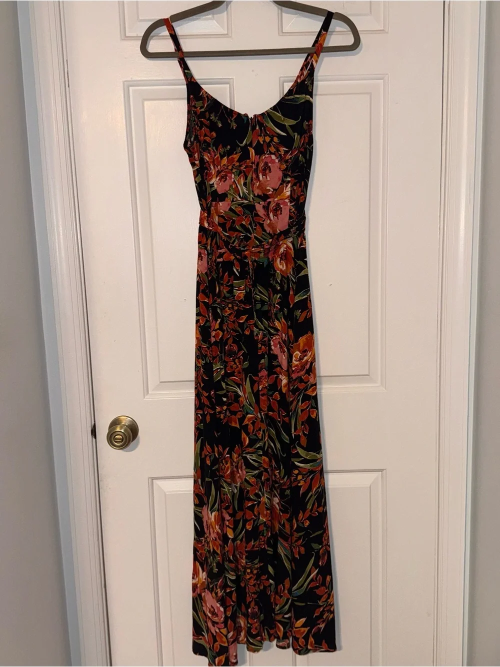 MSK Floral Black Maxi Dress Orange Pink Blooms tie back sash 100% viscose M - Picture 7 of 14